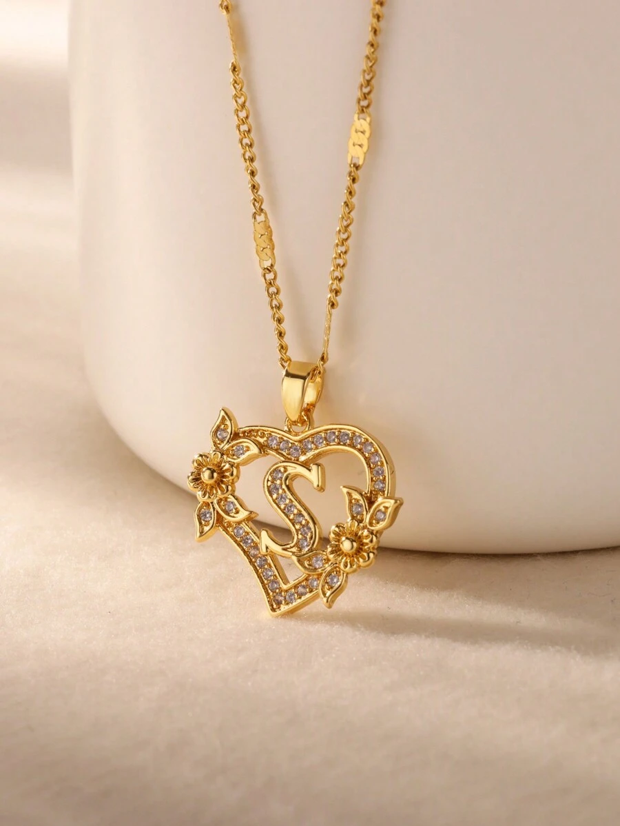 1件优雅锆石心形花朵字母吊坠项链，浪漫金色不锈钢链条字母项链，时尚饰品，圣诞礼物 - 字母 - 查看 1