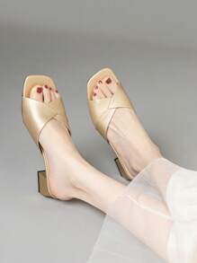 Mules de salto quadrado dourado, sandálias de salto alto abertas na moda, versáteis para o verão - Ouro - Ver 5