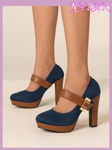 Women's Color Block Round Toe Thick Heel Decor Platform High Heels, Elegant Fashion Date Shoes For Spring/Summer - Navy Blue - View 5