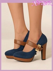 Women's Color Block Round Toe Thick Heel Decor Platform High Heels, Elegant Fashion Date Shoes For Spring/Summer - Navy Blue - View 4