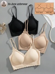 3pcs Set Multicolor Backless Padded Bras, Bralettes Without Hooks And Underwire, Wire-Free Seamless Camisole Bras, Versatile Wear Women Lingerie - Multicolor - View 3