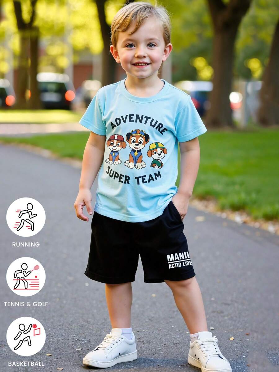 2pcs/Set Young Boy Summer Short Sleeve T-Shirt And Shorts Set, 3 Little Dogs Print, Casual Sports Outfit - Baby Blue - View 1