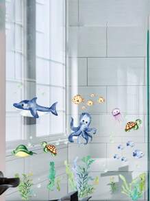 6 Sheets Marine Animals The Sea Wall Decals Ocean Fish Wall Stickers Watercolor Ocean Animal Jellyfish Turtle Whale Starfish Seaweed Wall Decor Ocean Themed DIY Removable Peel And Stick Wallpaper For Nursery Bathroom Home Bathroom Decor Bath Rug Floor Carpet Fall Decor Bathroom Accessories