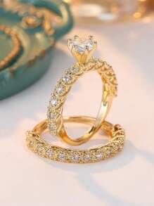 2pcs Set Luxury White Cubic Zirconia Copper Ring Sets, Stackable Wedding Party Rings Perfect Gift For Him And Her - Yellow Gold - View 9