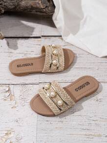 1 Pair Girls Artificial Button Decor Anti-Slip Round Toe Flat Sandals, Fashion Casual Beach Daily Wear
