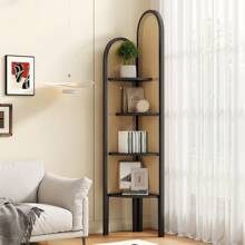 4 Tier Corner Shelf Stand, Solid Wood Boho Rattan Shelves With Wicker Weave For Bedroom Living Room, Tall Fan-Shaped Corner Bookshelf - Black - View 1