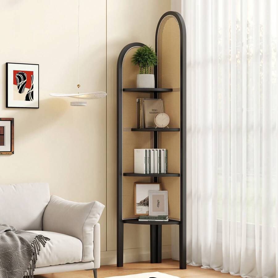 4 Tier Corner Shelf Stand, Solid Wood Boho Rattan Shelves With Wicker Weave For Bedroom Living Room, Tall Fan-Shaped Corner Bookshelf - Black - View 1