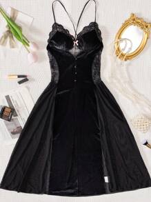 对比色蕾丝纽扣前天鹅绒吊带睡裙 - 黑色 - 查看 12