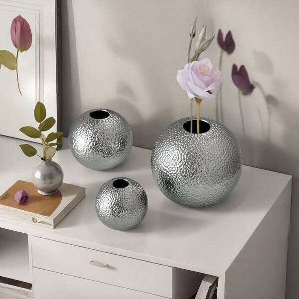 Nordic Modern Minimalist Creative Silver Electroplated Hammered Texture Round Ceramic Hydroponic Vase, Home Living Room TV Cabinet Decor, Office Desk Dining Table Floral Ornament Gifts Birthday Graduation Home Decor Room Decor Flower Vase Glass Vase