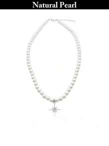1pc Fashionable Faux Pearl Necklace With Star Pendant, Daily/Holiday Gift, Valentine's Day - Beige - View 2