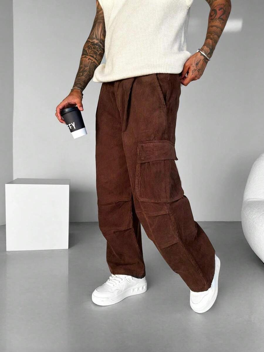 Men's Corduroy Straight Leg Casual Pants, Simple Fashion Everyday Wear - Coffee Brown - View 1