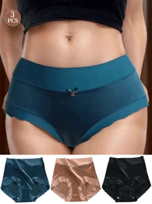 3 Pcs/Set Plus Size Women High Waist Satin Silk Soft Seamless Briefs, Comfortable Sexy Panties