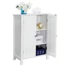 Modern Batoom Floor Storage Cabinet In White With Adjustable Shelves And Double Doors
