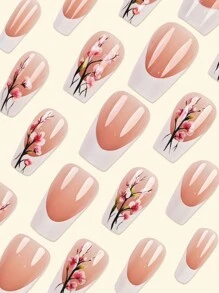 Y2K 提升您的外观 24 件中号杏仁指甲超光泽按压式丙烯酸指甲粉色时尚法式渐变几何条纹梅花图案美丽简约风格假指甲人造手指修指甲假指甲女士甜美、可爱、简约、优雅风格美甲套装带可拆卸假指甲贴片适合节日穿着、派对、朋友、约会、日常穿着美甲用品指甲 - 淺粉色 - 查看 2