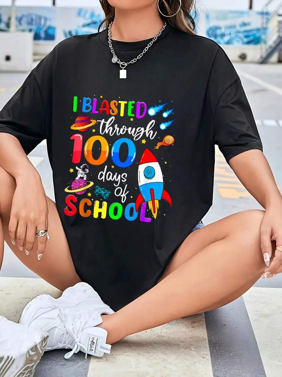 I Blasted Through 100 Days Of School 100th Day Teacher Kids T-Shirt - Casual Short Sleeve Printed Crew Neck T-Shirt For Spring & Summer - Comfortable, Relaxed Fit