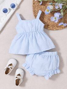 2pcs/Set Baby Girl Spring/Summer Blue Striped Bowknot Blouse & Striped Ruffle Hem Shorts Outfit - Blue - View 2