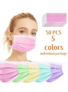 50 个一次性口罩，3 层聚丙烯，ASTM 1 级防液体性，舒适鼻夹，弹性耳挂，成人防护口罩，3 层防护 - 彩色 - 查看 11