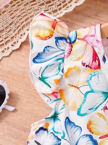 Girls Spring/Summer Cute & Stylish Butterfly Print Dress, Round Neck Cap Sleeve, Children Casual Comfortable Soft Outdoor Activity Party Holiday Elegant Dress, Girl Summer Outfit