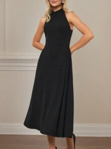 Women's Sleeveless Spaghetti Strap Peplum Dress, Elegant Business/Casual/Party Wear, Black Color, Zipper Back, Maxi Length, Summer