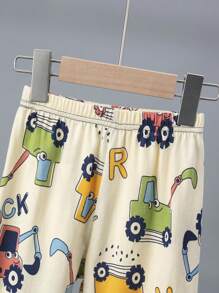 2pcs/Set Young Boys Spring/Autumn Thin Sleepwear, Excavator Print Long Sleeve Top And Pants Homewear Set With Cartoon Print