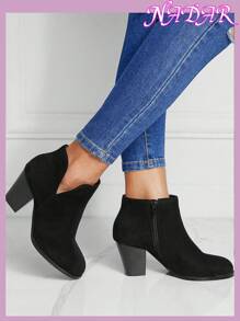 Women's Round Toe Chunky Heel Ankle Boots For Fall/Winter, Outdoor Commute Faux Suede American Short Boots - Black - View 8