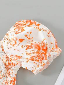 女童泡泡袖荷叶边花卉印花松紧腰公主裙，适合派对、海滩、度假、夏季