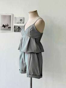 Women's Set Shorts + Cropped Top Ruffle - Grey - View 3