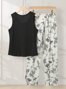 Conjunto de pijama de mujer con top sin mangas en unicolor y pantalones con estampado floral ditsy, ropa de alta gama de estilo francés para el verano - Multicolor - Ver 3