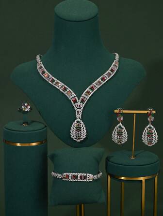 5pcs Luxury Copper Colored Zirconia V-Shaped Necklace, Earrings, Bracelet, Ring Jewelry Set. Women's Daily, Party, Wedding Jewelry. Elegant High-End Necklace Set Gift For Valentine's Day