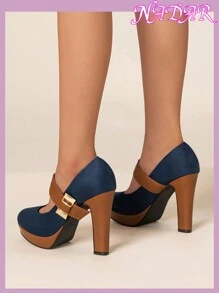 Women's Color Block Round Toe Thick Heel Decor Platform High Heels, Elegant Fashion Date Shoes For Spring/Summer - Navy Blue - View 2