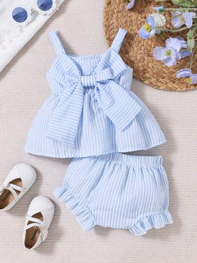 2 Stücke/Set Baby Mädchen Frühling/Sommer Blaues gestreiftes Bluse mit Schleife & gestreiftes Rüschen Saum Shorts Outfit