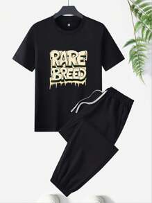 Men's Summer Regular Fit Short Sleeve T-Shirt And Pants Set, Letter Graphic Print Casual Outdoor Outfit, Pockets & Drawstring Waist Pants, 2 Pieces Set