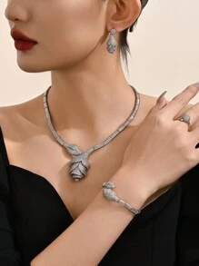5pcs Fashionable Rose Gold Cubic Zirconia Necklace, Earrings, Bracelet, Open Ring Jewelry Set, Suitable For Women Daily Wear, Wedding, Party, Valentine's Day, Mother's Day Gift