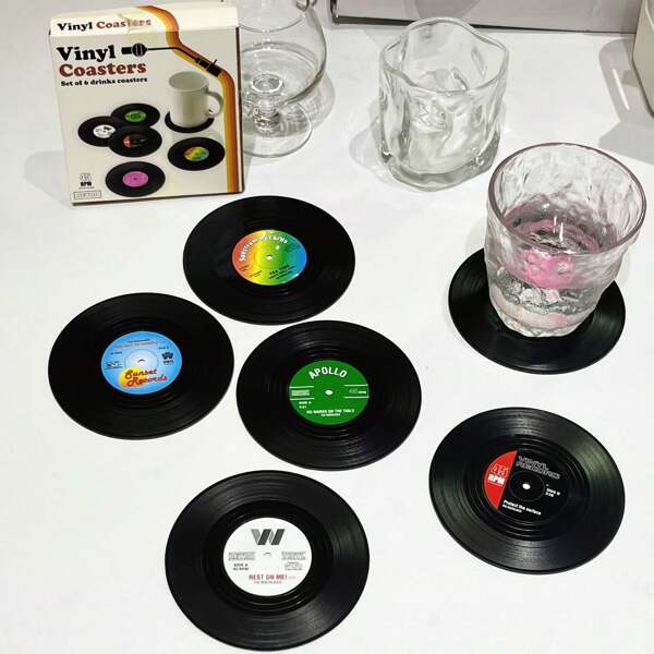 6 pezzi di sottobicchieri in vinile, creativo vintage classico retro, pad riciclato da dischi musicali rock americani, antiscivolo, resistente al calore, isolante, decorazione per la casa