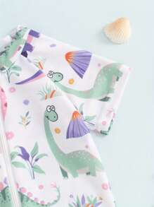 Traje de baño con estampado de dinosaurio para bebé niño, cuello redondo, media cremallera, manga corta, traje de baño para bebé niño pequeño - Blanco - Ver 4