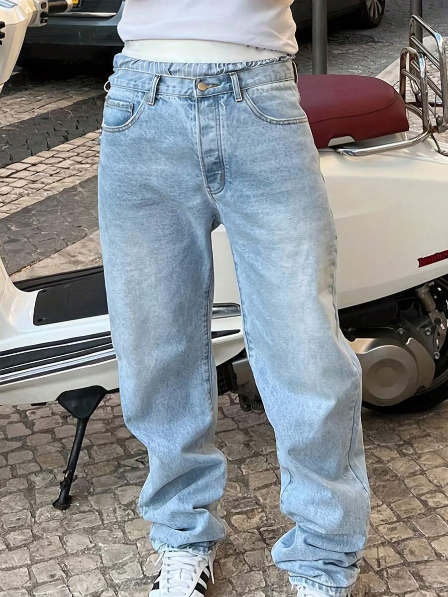 Quần Jeans Rộng Màu Xanh Nhạt Phong Cách Đường Phố Thời Trang Nam - Rửa nhẹ - Xem 1
