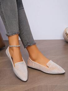 Women's Autumn New Outdoor Pointed Toe Flats, Beige Color Striped Canvas Soft Bottom Daily Work Driving Moccasin Loafer - Beige Stripes - View 3