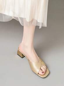 Mules de salto quadrado dourado, sandálias de salto alto abertas na moda, versáteis para o verão - Ouro - Ver 4