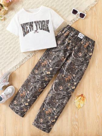 青少年女孩休闲字母图案短袖T恤和长裤套装，适合夏季