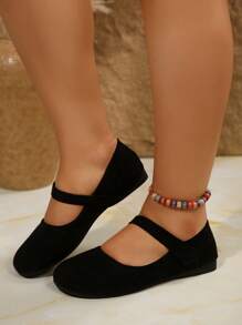 Plus Size 36-43 New Arrival Fashion Versatile Mary Jane Flat Shoes, Black Suede Fabric, Slip-On, Round Toe, Comfortable Slip-On Ballet Flats For Everyday & Work, Spring/Autumn