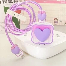 5pcs Purple Heart Protective Sleeve Coiled Cord Compatible With IPhone 18W/20W Fast Charger Soft Case, Ideal Gift Compatible With IPhone 16/15/14/13 Charger Protector - Purple - View 4