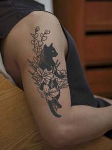 1 Pieza Tatuajes temporales de gato resistentes al agua y al sudor que duran de 1 a 2 semanas, con realismo, jugo de hierbas, antifricción y sin reflejo, tatuajes falsos negros para mujeres y hombres, pegatinas de tatuaje para brazos, pecho, piernas, abdomen, cintura, arte corporal modernista