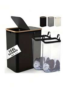 150l 双层带盖洗衣篮，大号洗衣篮，带竹制手柄和可拆卸洗衣袋，可折叠洗衣篮，适用于卧室、浴室、宿舍、洗衣房，米色洗衣篮，洗衣篮浴室收纳篮，篮子，储物篮，可折叠洗衣篮