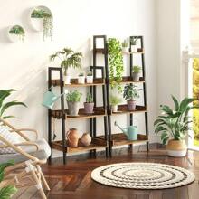 Bookshelf, 4 Tier Ladder Bookshelf With 3 Hooks, Industrial Bookcases, Freestanding Display Plant Shelves With Metal Frame For Living Room, Rustic Brown
