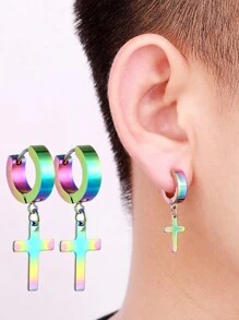 男士钛钢十字耳环，不锈钢朋克风耳环 - 彩色 - 查看 3