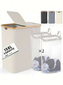 150l 双层带盖洗衣篮，大号洗衣篮，带竹制手柄和可拆卸洗衣袋，可折叠洗衣篮，适用于卧室、浴室、宿舍、洗衣房，米色洗衣篮，洗衣篮浴室收纳篮，篮子，储物篮，可折叠洗衣篮