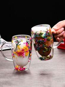 1 个 450 毫升大容量干花双层玻璃咖啡杯 - 透明空心玻璃容器，用于茶、饮料 - 独特的花卉设计，优雅的双层玻璃杯，适用于咖啡馆、家庭、餐厅、派对、舞会、办公室、父亲节礼物、母亲节礼物、送给朋友、男朋友、女朋友、家人、老师、同事的礼物 - 彩色 - 查看 6