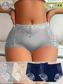 4pcs Set Elegant Lace Women Underwear, Breathable Comfortable Mid-Waist Panties With Lace Details