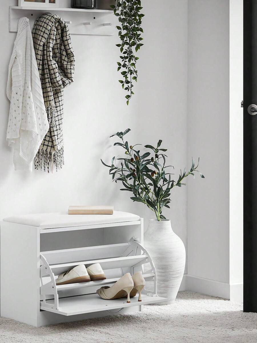 SoBuy FSR16-W，门厅鞋凳鞋架鞋柜，带翻盖抽屉和可拆卸座垫，白色，深度：30 厘米 - 白色 - 查看 1