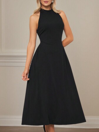 Vestido de mujer sin mangas, con tirantes de espagueti y volantes, elegante para uso empresarial/casual/fiesta, color negro, con cremallera en la espalda, longitud maxi, para verano